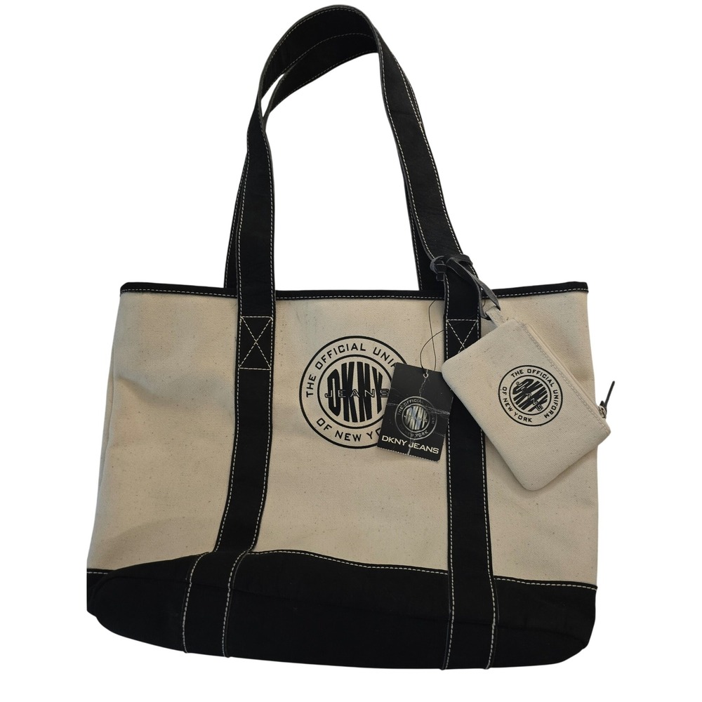 Vintage DKNY Jeans Canvas Tote Bag Y2K Deadstock Cream Black Official Uniform NY